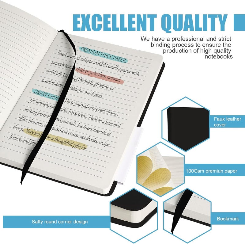 EMOMAS Lined Journal Notebook, 6Pack Hardcover Notebook for Men & Women – Journals for Writing, Work, School, Home & Daily Notes, 160 Pages – Medium A5, 5.7"x8", 100 gsm Thick Paper (Black)​ - Image 3